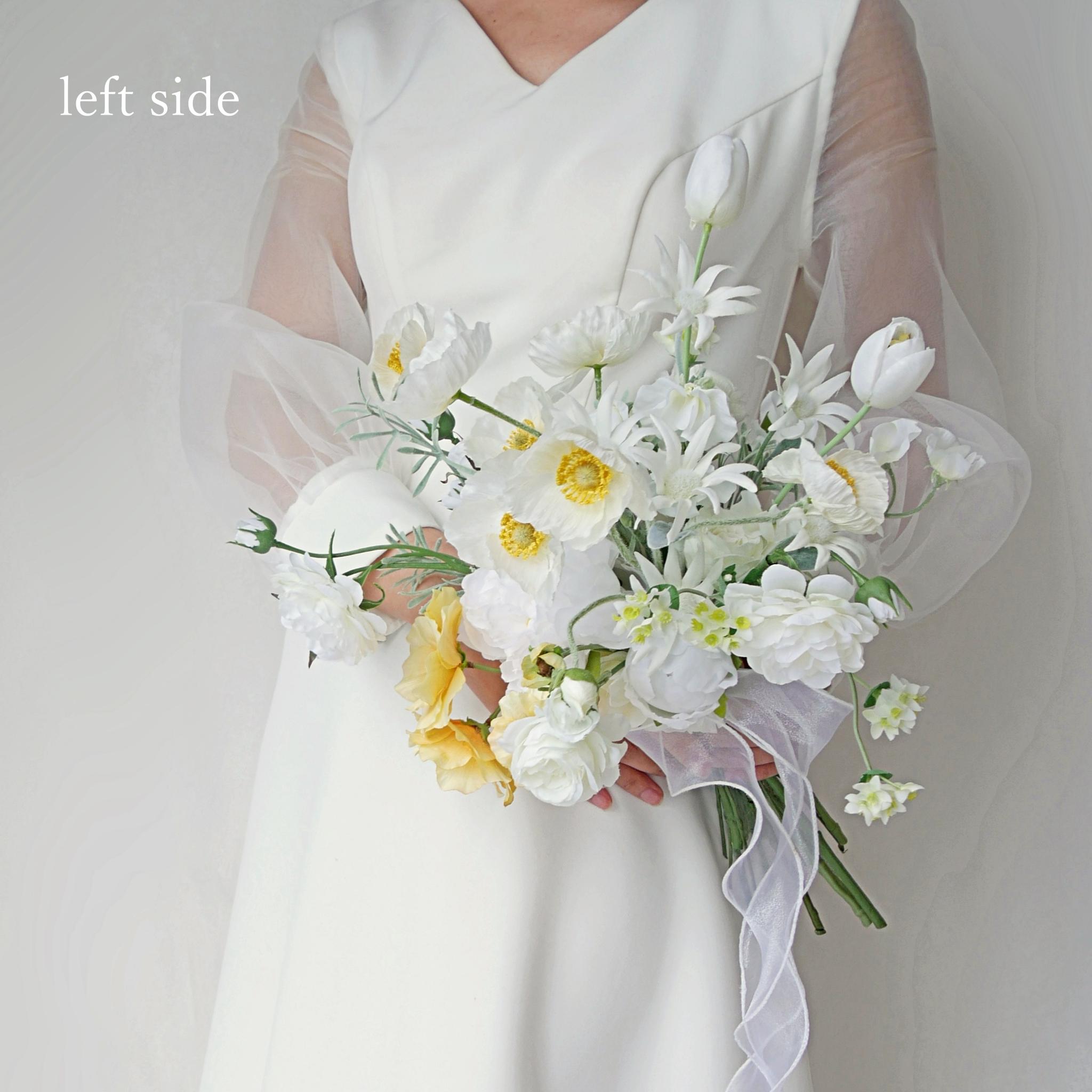 芍薬（ピオニー）とポピーのクラッチブーケ｜クリーム×イエロー｜造花ウェディングブーケ｜ふんわりナチュラル×上品 | 7枚目