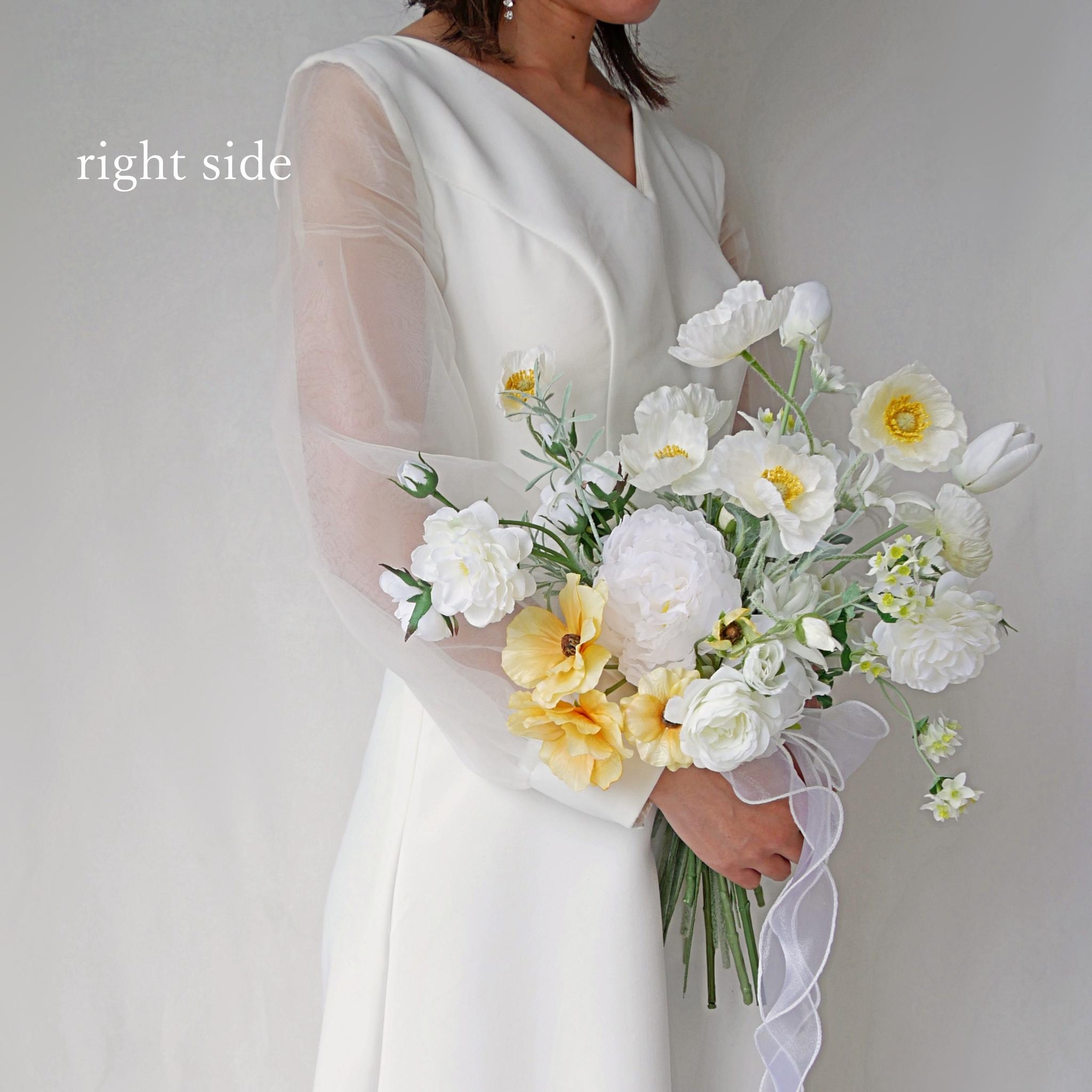 芍薬（ピオニー）とポピーのクラッチブーケ｜クリーム×イエロー｜造花ウェディングブーケ｜ふんわりナチュラル×上品 | 8枚目